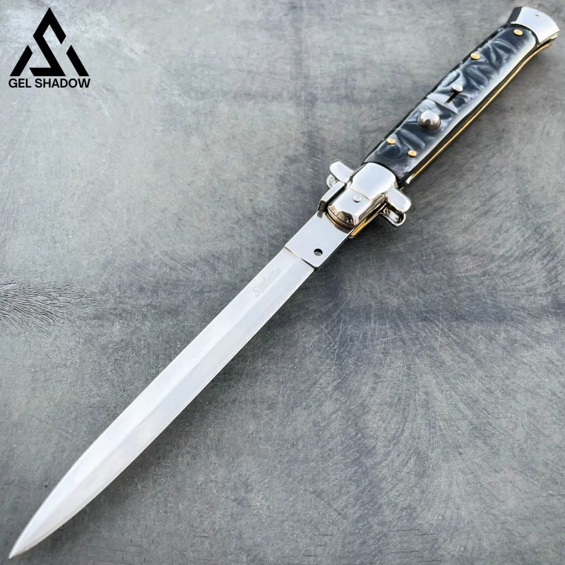 13’ Auto Italian Stiletto Switchblade (Massive Knife) Black Swirl Handle Knives