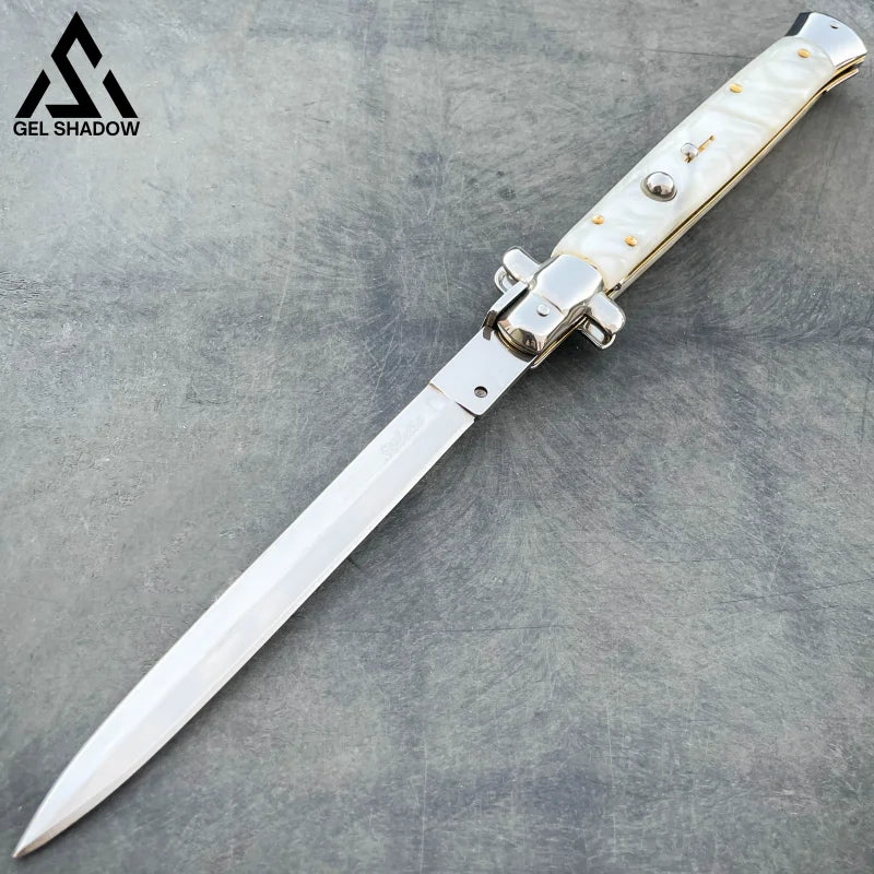 13’ Auto Italian Stiletto Switchblade (Massive Knife) White Pearl Handle Knives