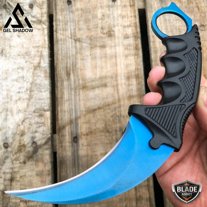 7.5’ Csgo Karambit Combat Knife Fixed Blade Hawkbill Neck Doppler New Blue Fade