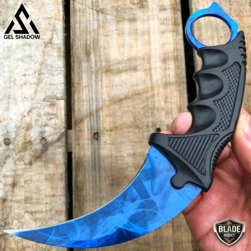7.5’ Csgo Karambit Combat Knife Fixed Blade Hawkbill Neck Doppler New Blue Sapphire
