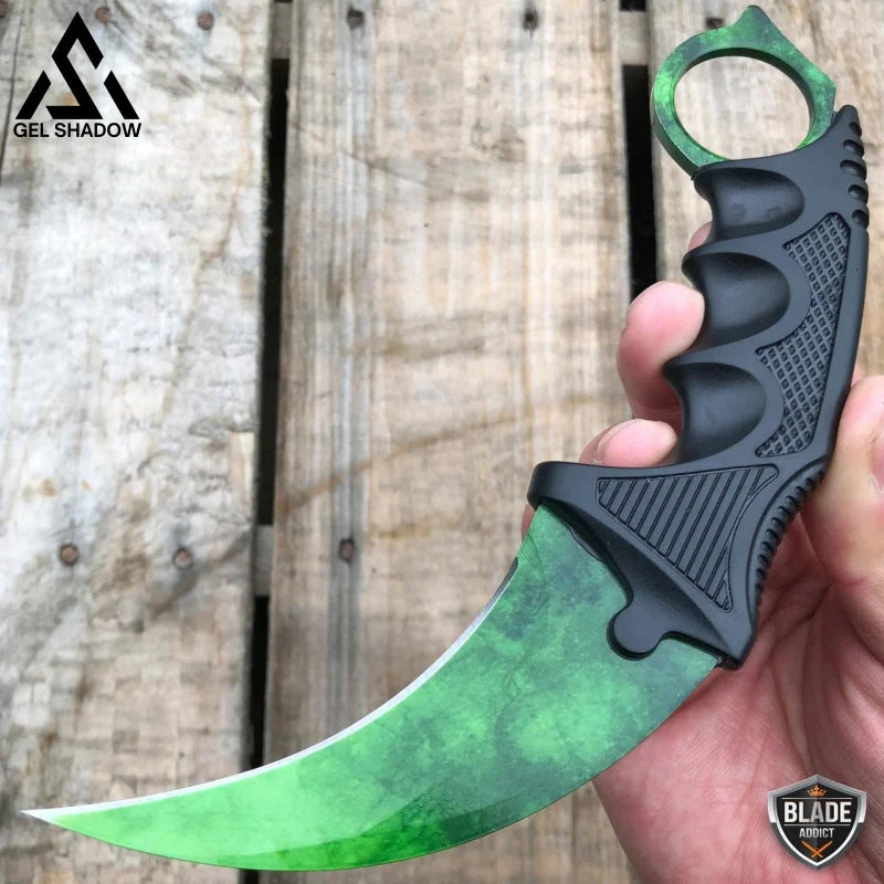 7.5’ Csgo Karambit Combat Knife Fixed Blade Hawkbill Neck Doppler New Green Gamma