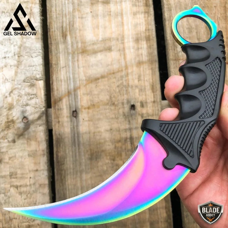 7.5’ Csgo Karambit Combat Knife Fixed Blade Hawkbill Neck Doppler New Rainbow Fade