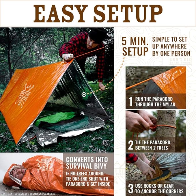 Ultralight Survival Tent • 2 Person Mylar Emergency Shelter Tube Tent + Paracord