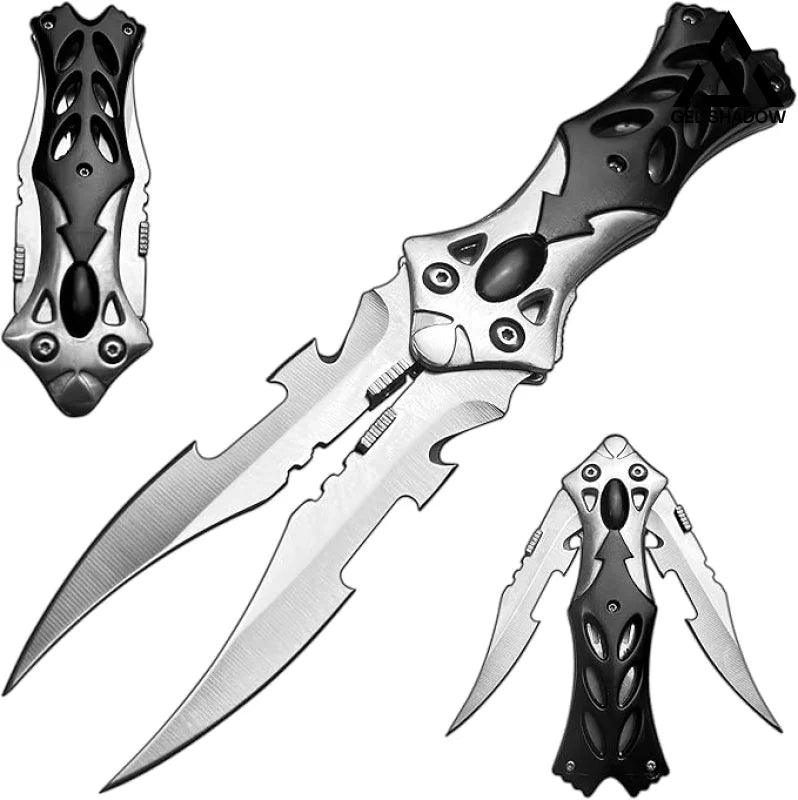 8.2’’ Unique Cool Double Blade Pocket Knife EDC Hiking Tools Silver Pocket Knives