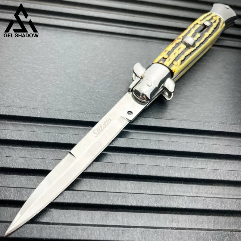 8.75’ Italian Stiletto Switch Blade Auto Pocket Knife Stag W/ Silver Knives