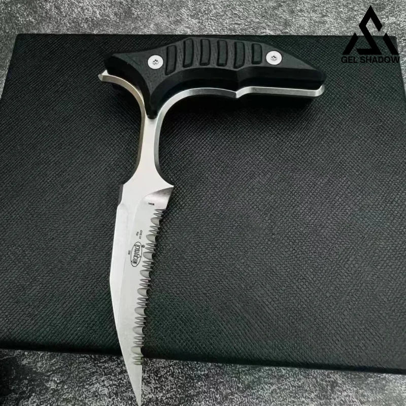 MicroTech Double bee shaped push type dagger serrated DLC blade Single-tooth Pocket Knives