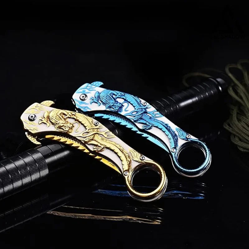 Portable folding knife with gold dragon relief design-GS14 BRASSKNUCKLE