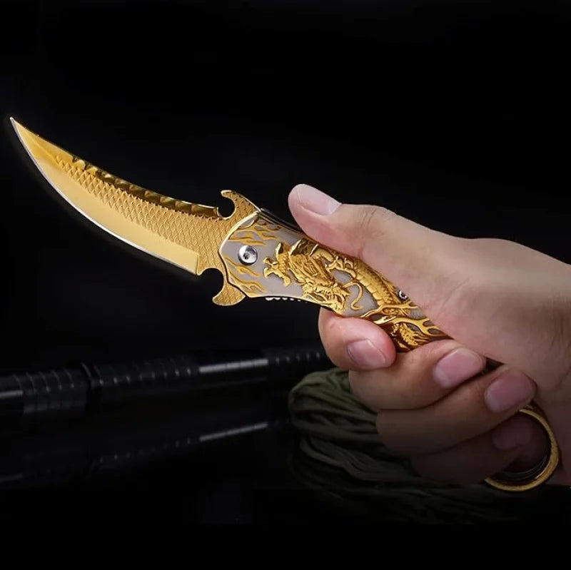 Portable folding knife with gold dragon relief design-GS14 BRASSKNUCKLE
