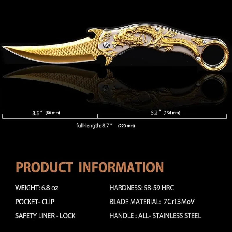 Portable folding knife with gold dragon relief design-GS14 BRASSKNUCKLE