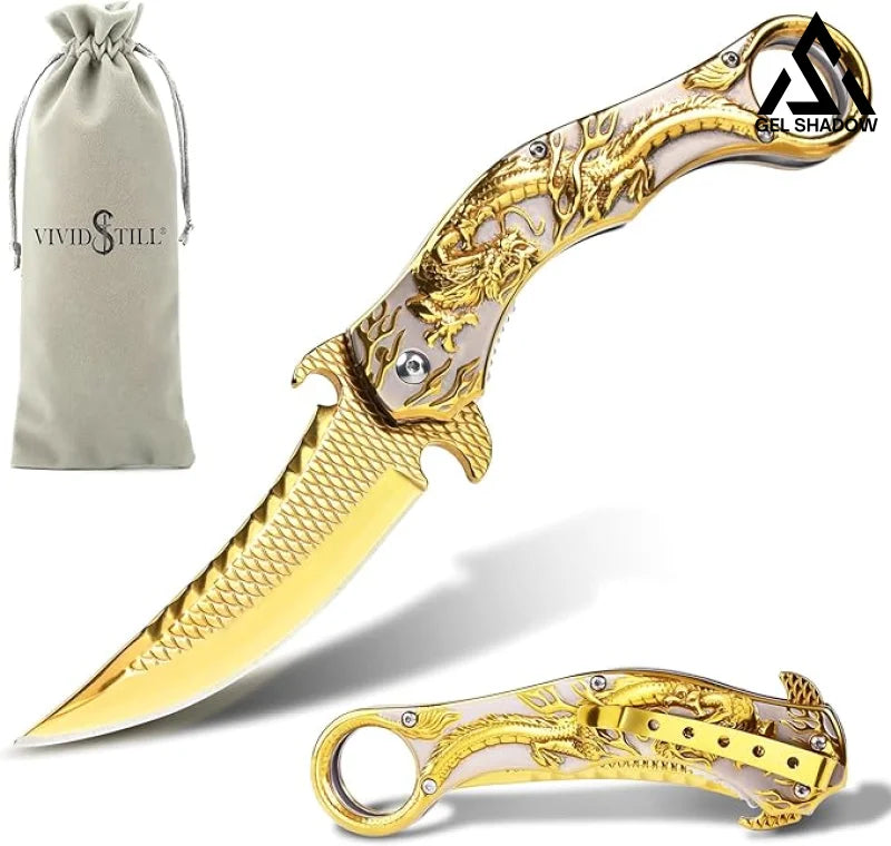 Portable folding knife with gold dragon relief design-GS14 BRASSKNUCKLE