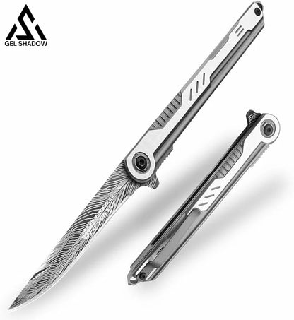 3.5 Inch Pocket Knife With Clip And Feather Pattern Blade Edc For Outdoor Sliver Knives