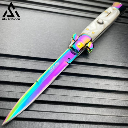 8.75’ Italian Stiletto Switch Blade Auto Pocket Knife White W/ Rainbow Knives