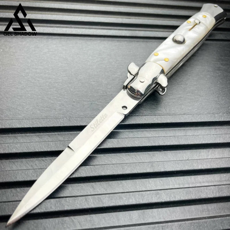 8.75’ Italian Stiletto Switch Blade Auto Pocket Knife White W/ Silver Knives