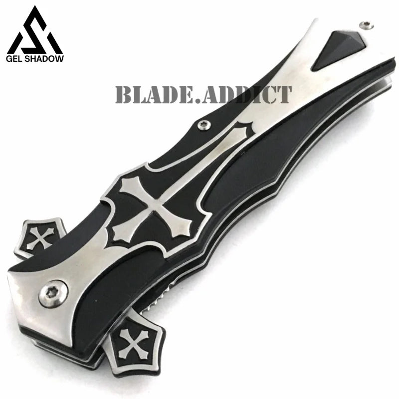 Celtic Cross Folding Blade Stiletto Pocket Knife Black Knives