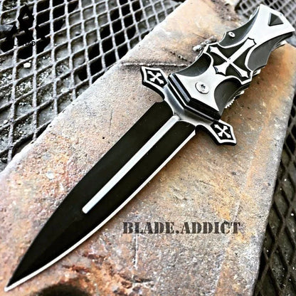 Celtic Cross Folding Blade Stiletto Pocket Knife Black Knives