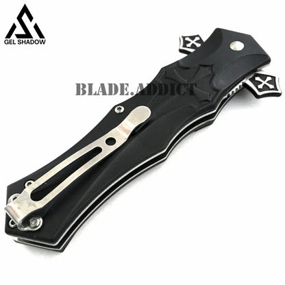 Celtic Cross Folding Blade Stiletto Pocket Knife Black Knives