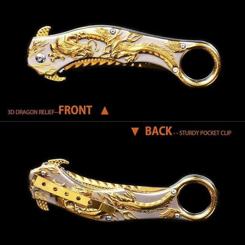 Portable folding knife with gold dragon relief design-GS14 BRASSKNUCKLE