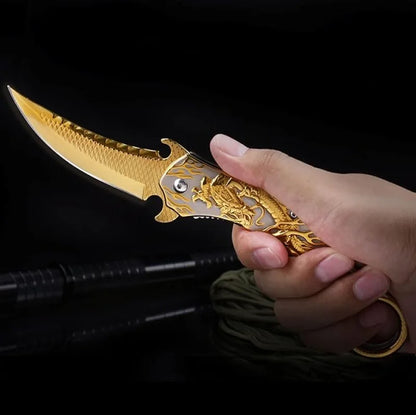 Portable folding knife with gold dragon relief design-GS14 BRASSKNUCKLE