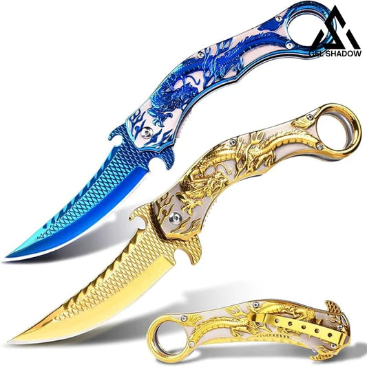 Portable folding knife with gold dragon relief design-GS14 Gold BRASSKNUCKLE