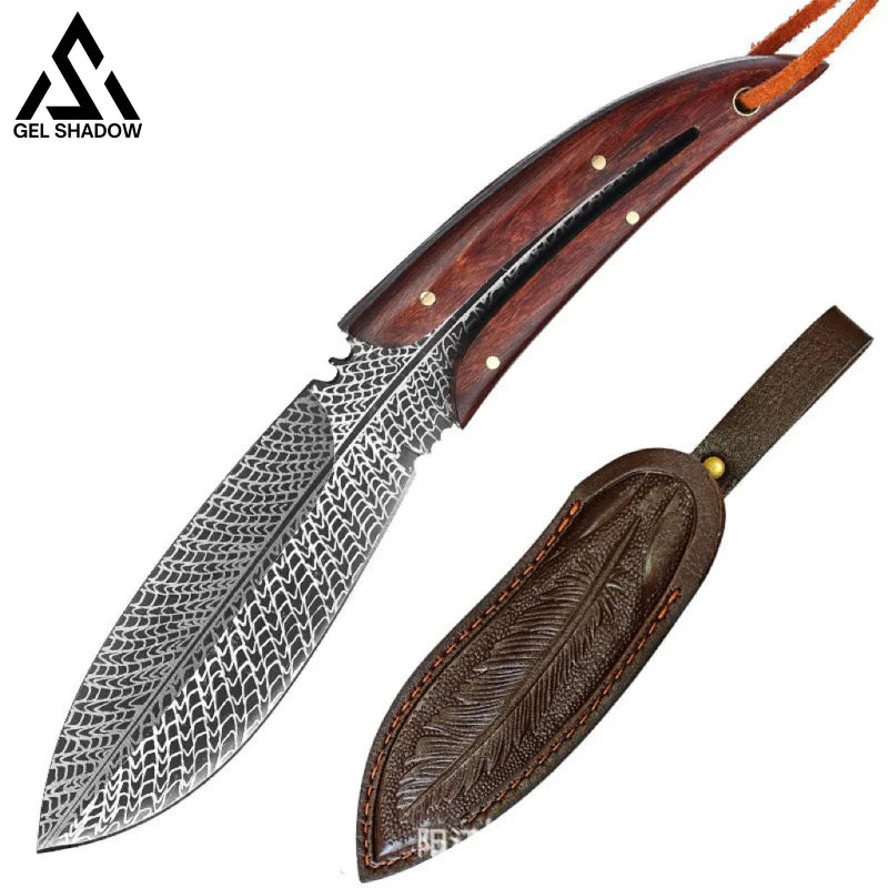 Spirit Feather Stright Knife With Leather Sheath Plume Pocket Knives