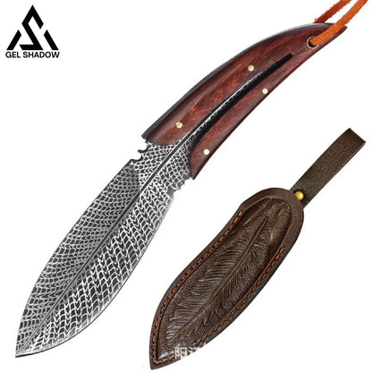 Spirit Feather Stright Knife With Leather Sheath Plume Pocket Knives