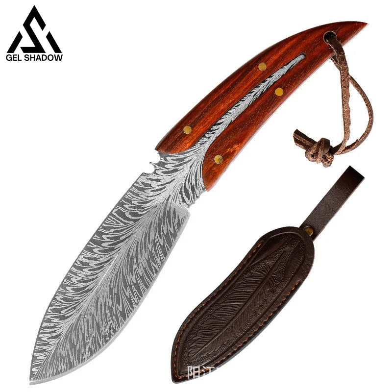 Spirit Feather Stright Knife With Leather Sheath Pocket Knives