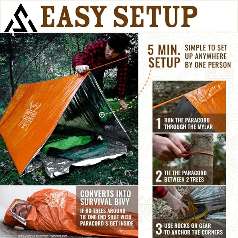 Ultralight Survival Tent • 2 Person Mylar Emergency Shelter Tube Tent + Paracord